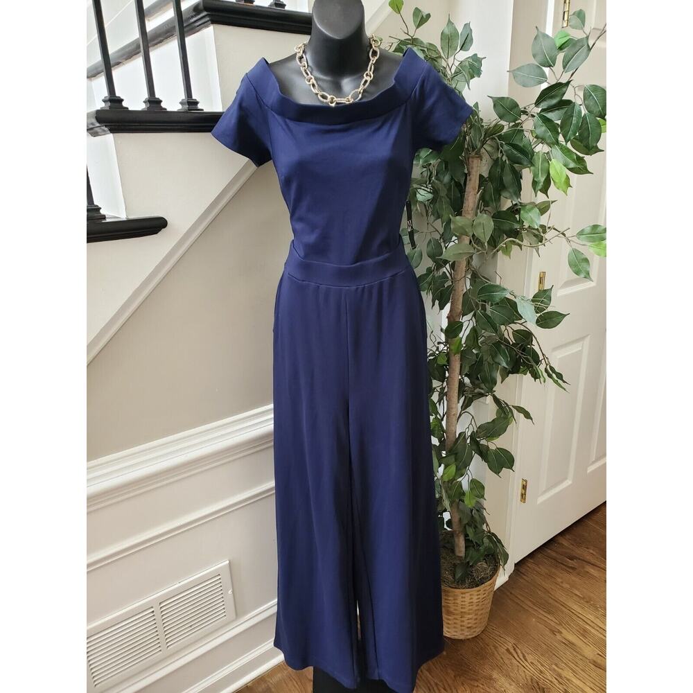 New York & Company Women's Blue Solid Cotton Off The Shoulder Jumpsuit Size M